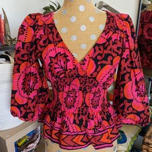 House of Harlow Pink Floral Ballon Sleeve Smocked Blouse XS